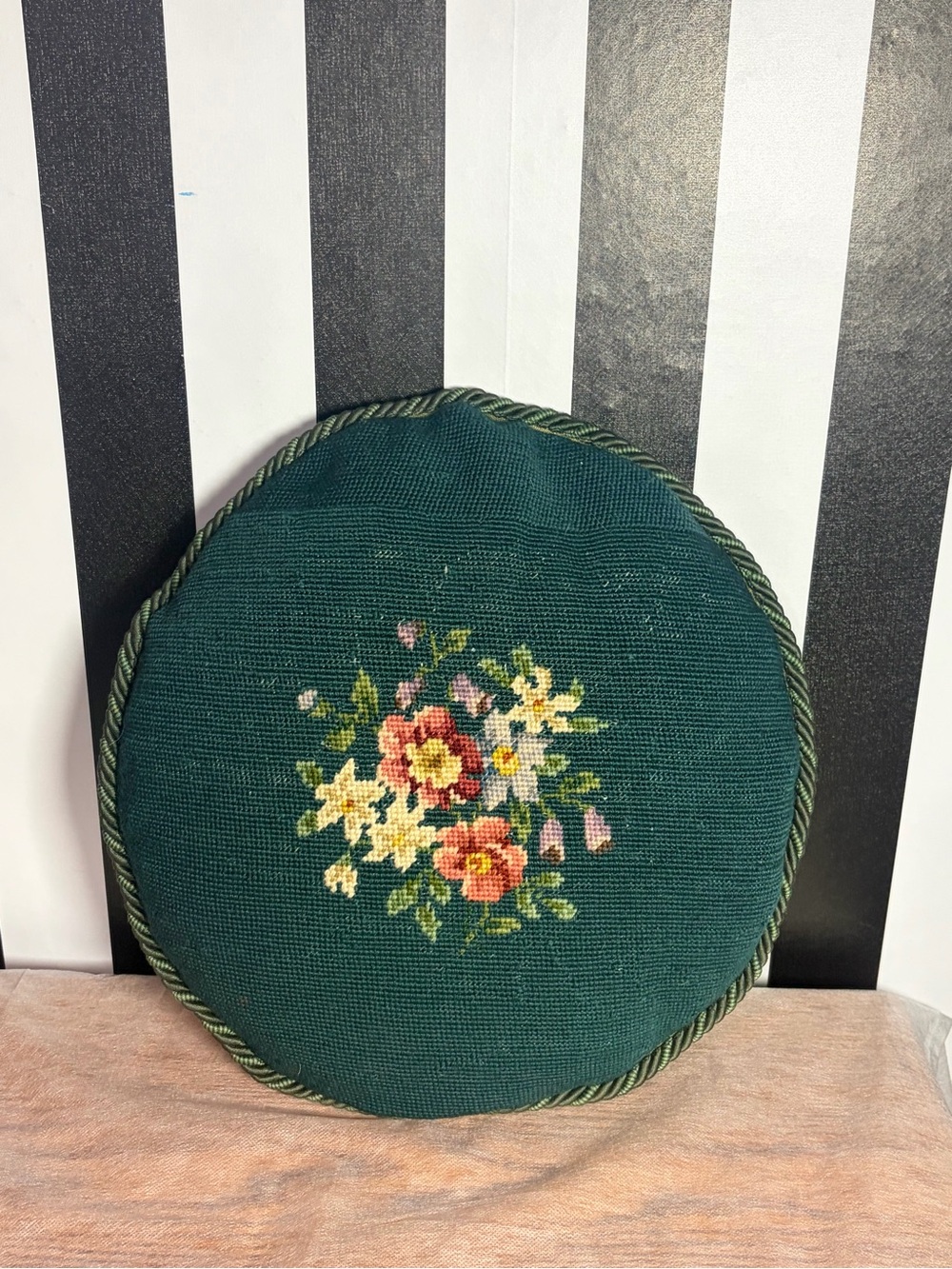 Vintage Round Needlepoint Floral Throw Pillow, 15" Diameter. Elegant dark green - Picture 2 of 8